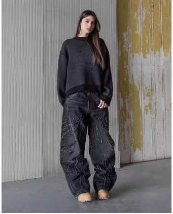 Black/Grey Retro Baggy Jeans with Embroidery