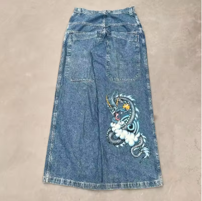 Vintage Baggy Jeans with Embroidered Pattern for Men and Women